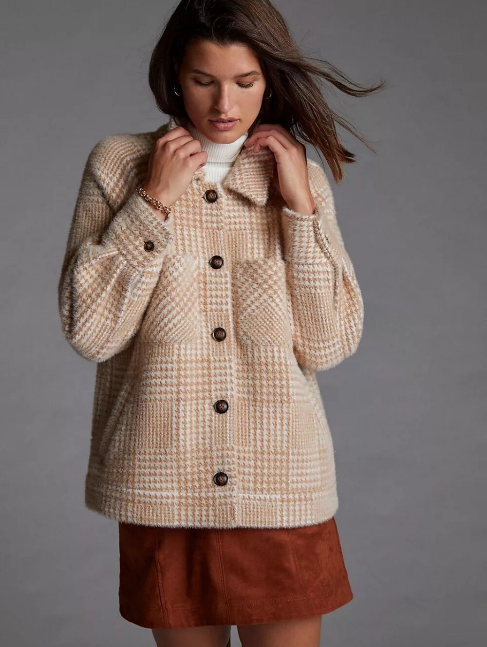 Anthropologie Greylin Tan Houndstooth Shirt Jacket Size Small Quiet Luxury
